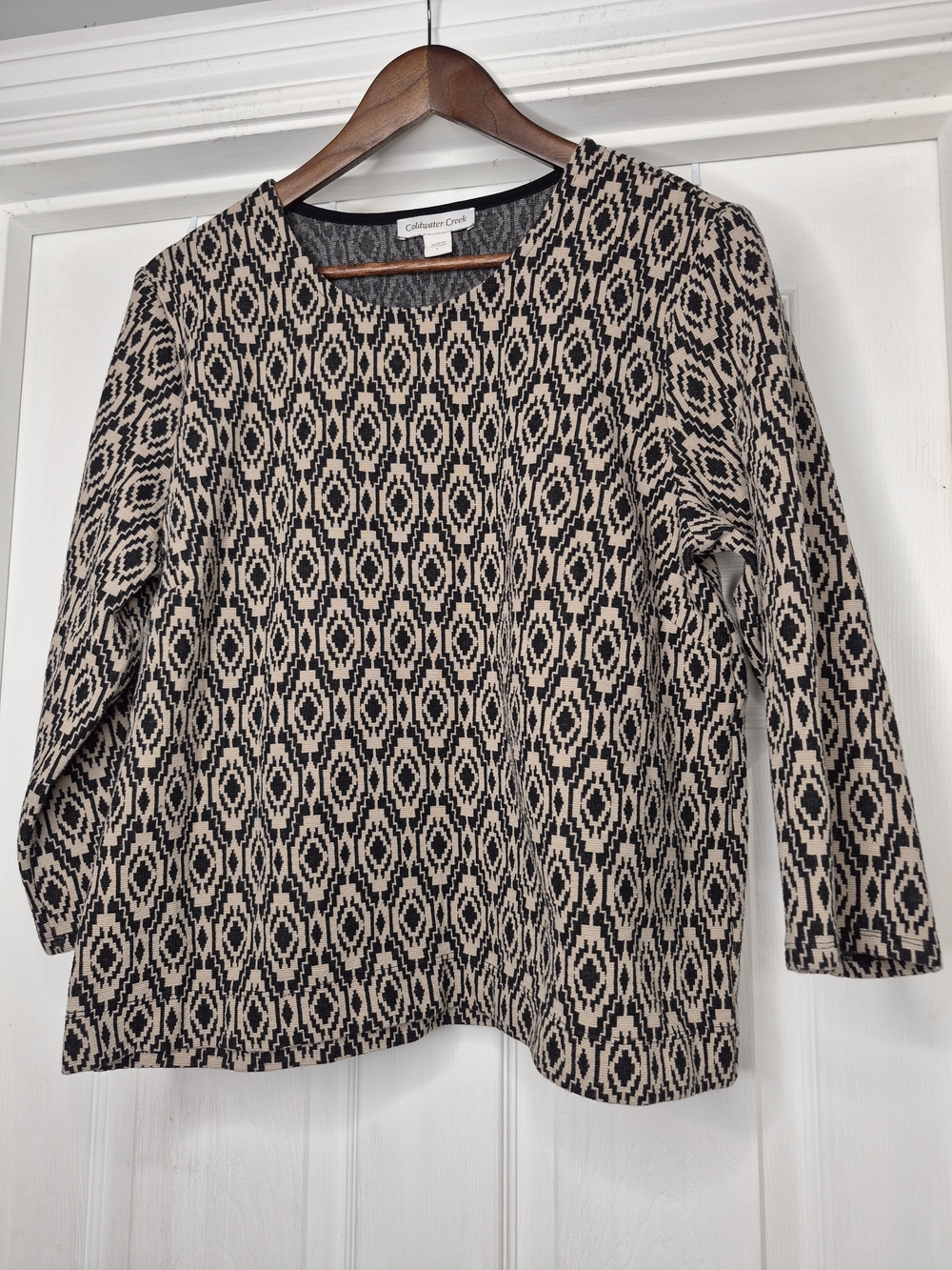 Coldwater Creek Black and Cream Geometric Knit Top Large